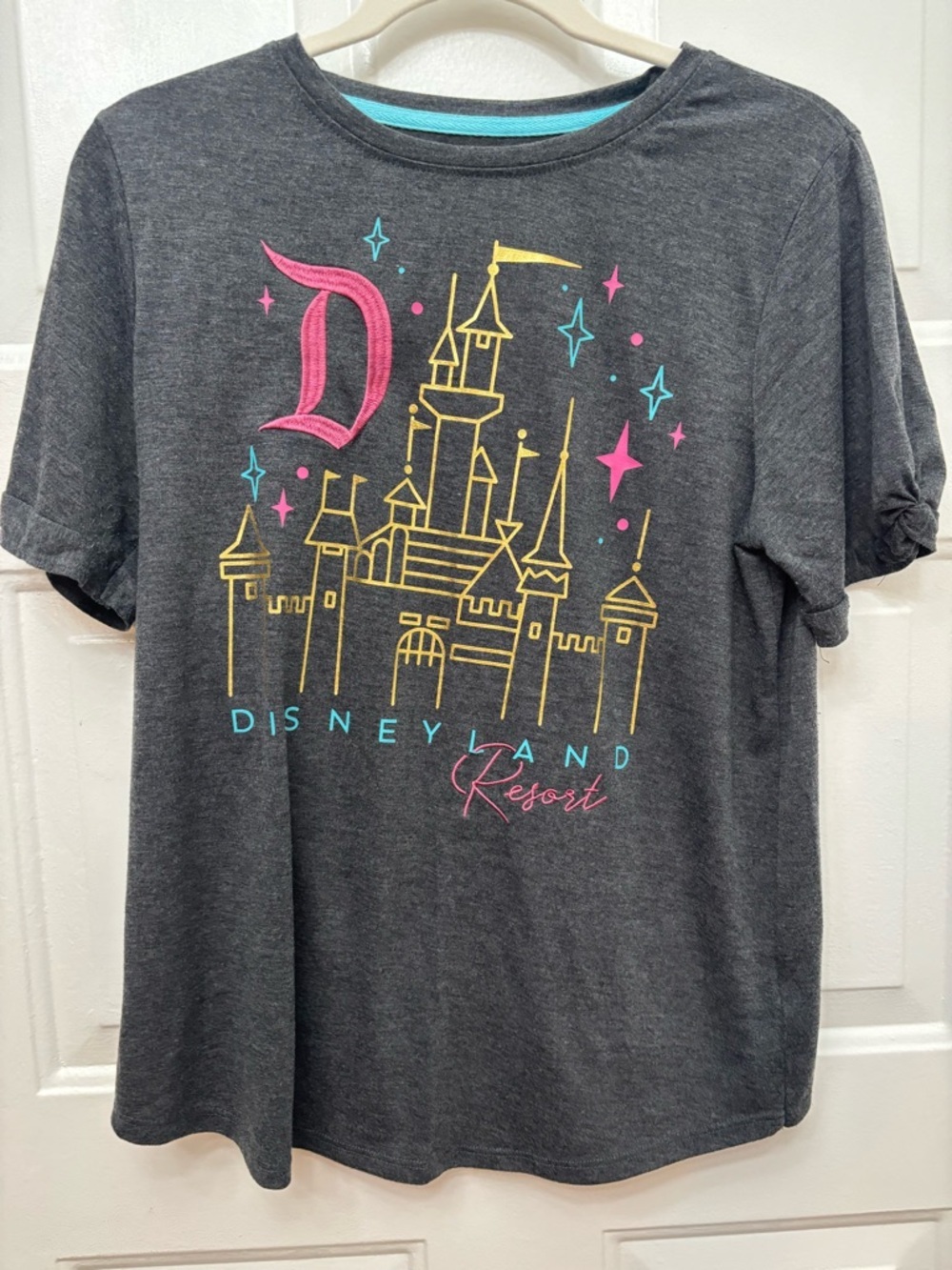 Disney Short Sleeve Charcoal Tee with Pink Yellow Teal Castle Graphic